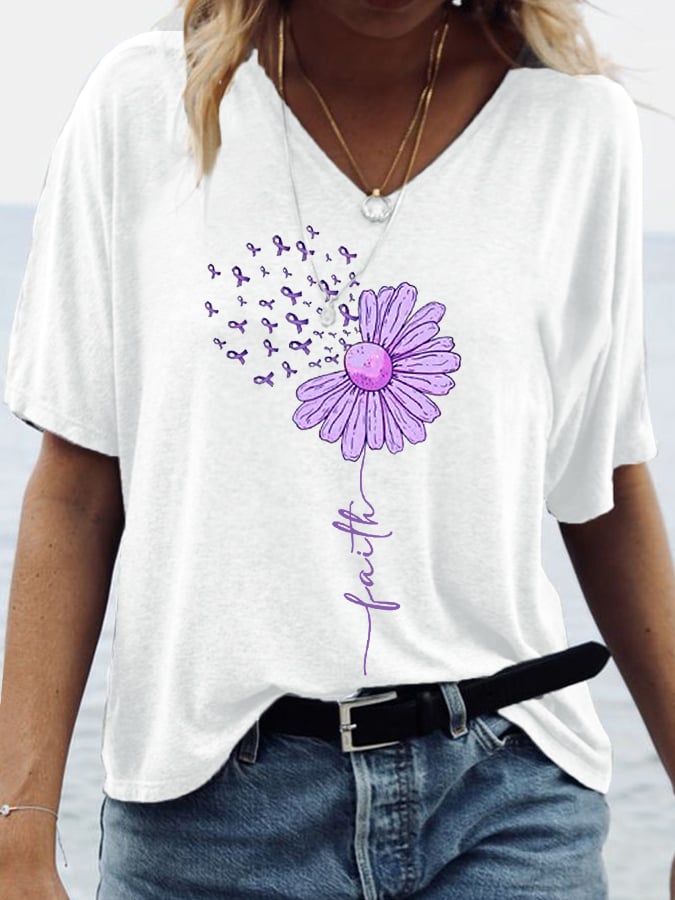 Women's Purple Ribbon Faith Sunflower Alzheimer's Awareness Print V-Neck Tee