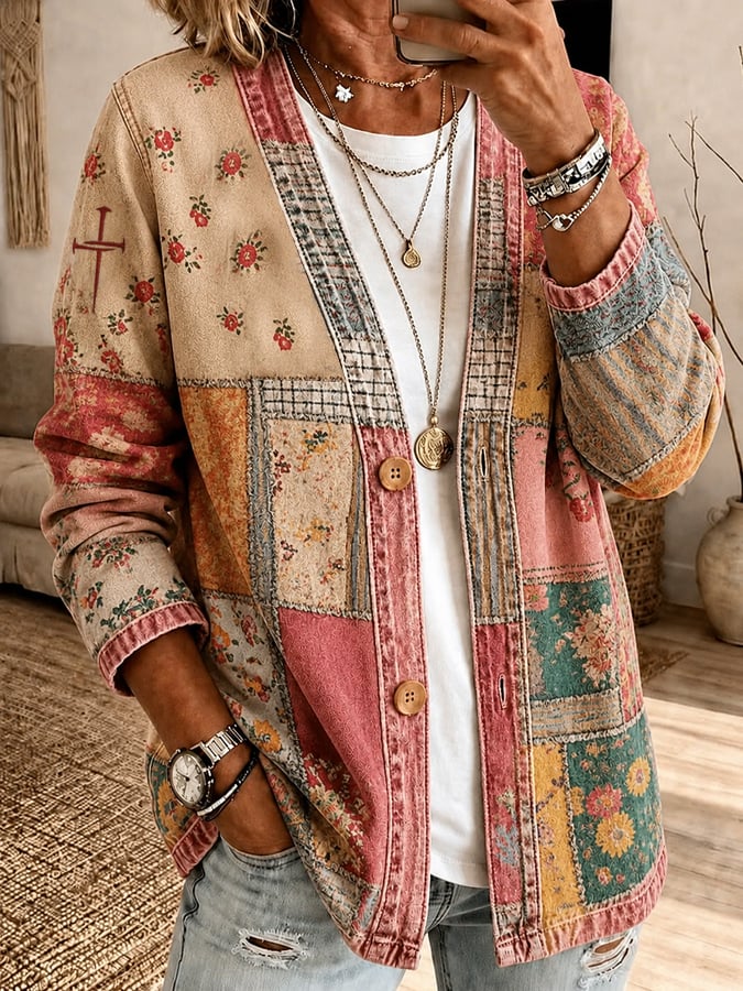 Women's Color-Block Cardigan with "Faith" Cross Print
