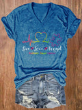 V-neck Retro Autism Awareness Live Love Accept Print T-Shirt