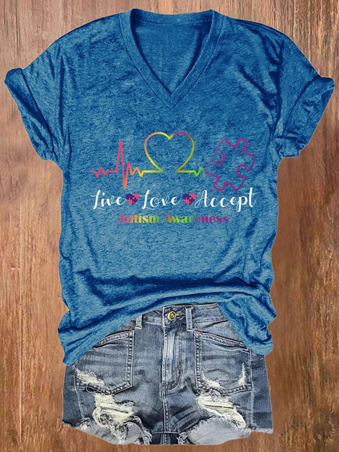 V-neck Retro Autism Awareness Live Love Accept Print T-Shirt