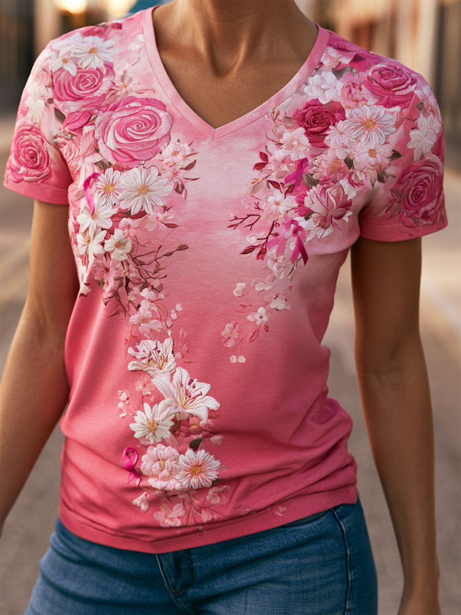 Women's Breast Cancer Awareness Floral Art V-Neck Short-Sleeve T-Shirt