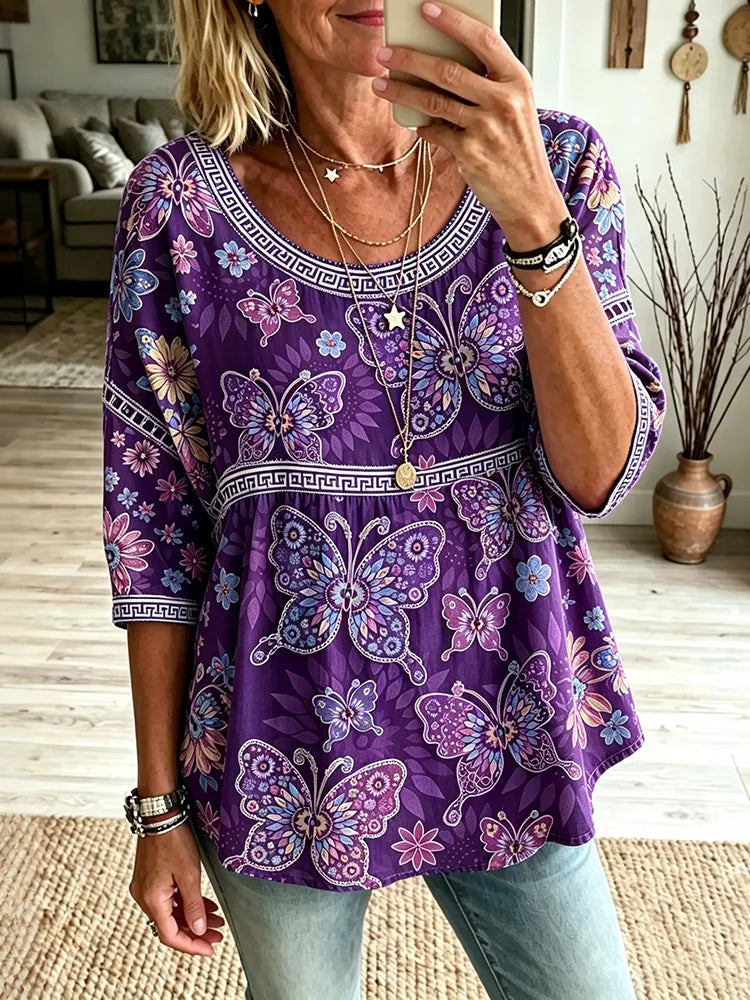 Women's Retro Butterfly And Floral Print Cotton Linen Crew Neck T-shirt