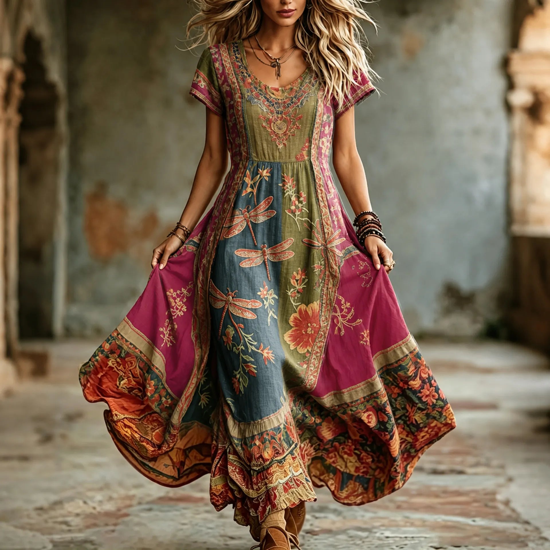 Women's Hippie Floral And Dragonfly Pattern Art Embroidered Linen Blend Maxi Dress