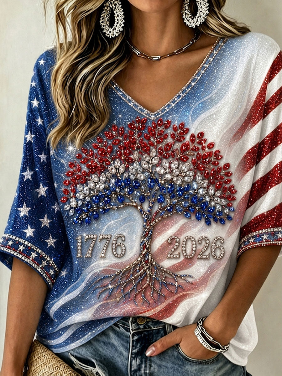 Women's Independence Day And Tree Of Life Art Flowy Linen Blend Three Quarter Sleeves T-shirt