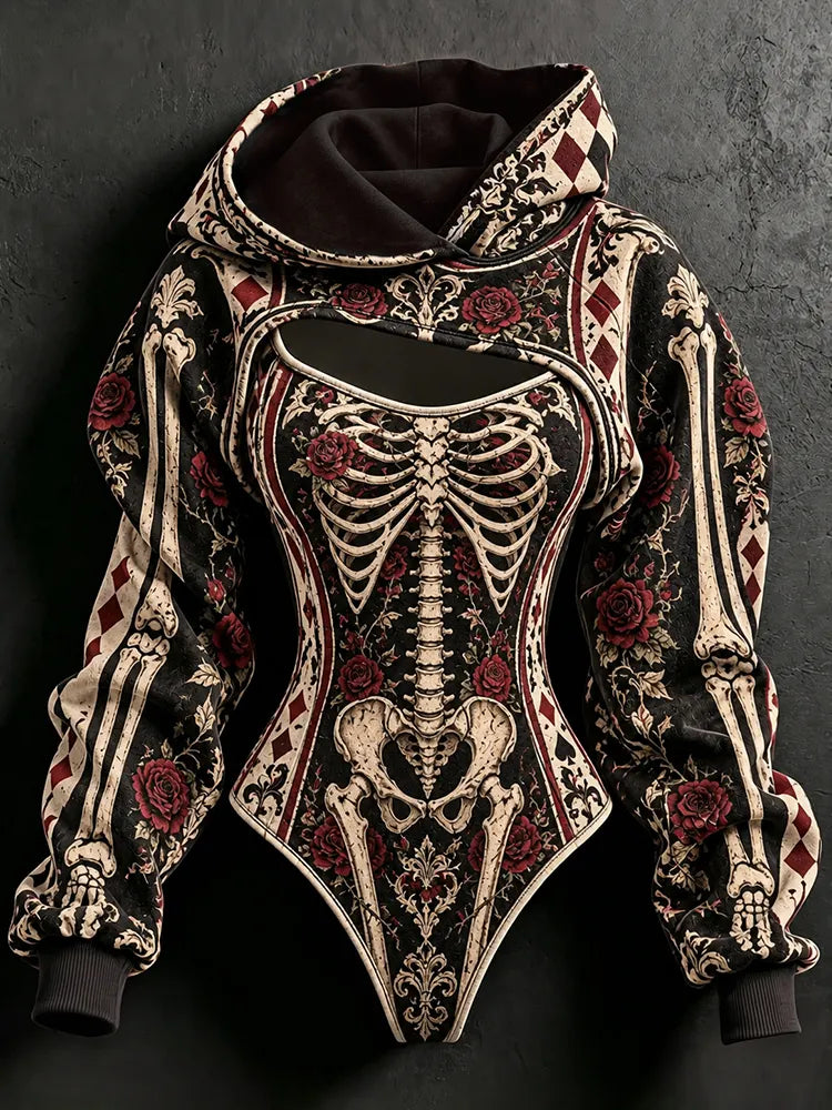 Women's Halloweenhalloween Gothic Skeleton & Floral Poker Print Hoodie Two-piece Set