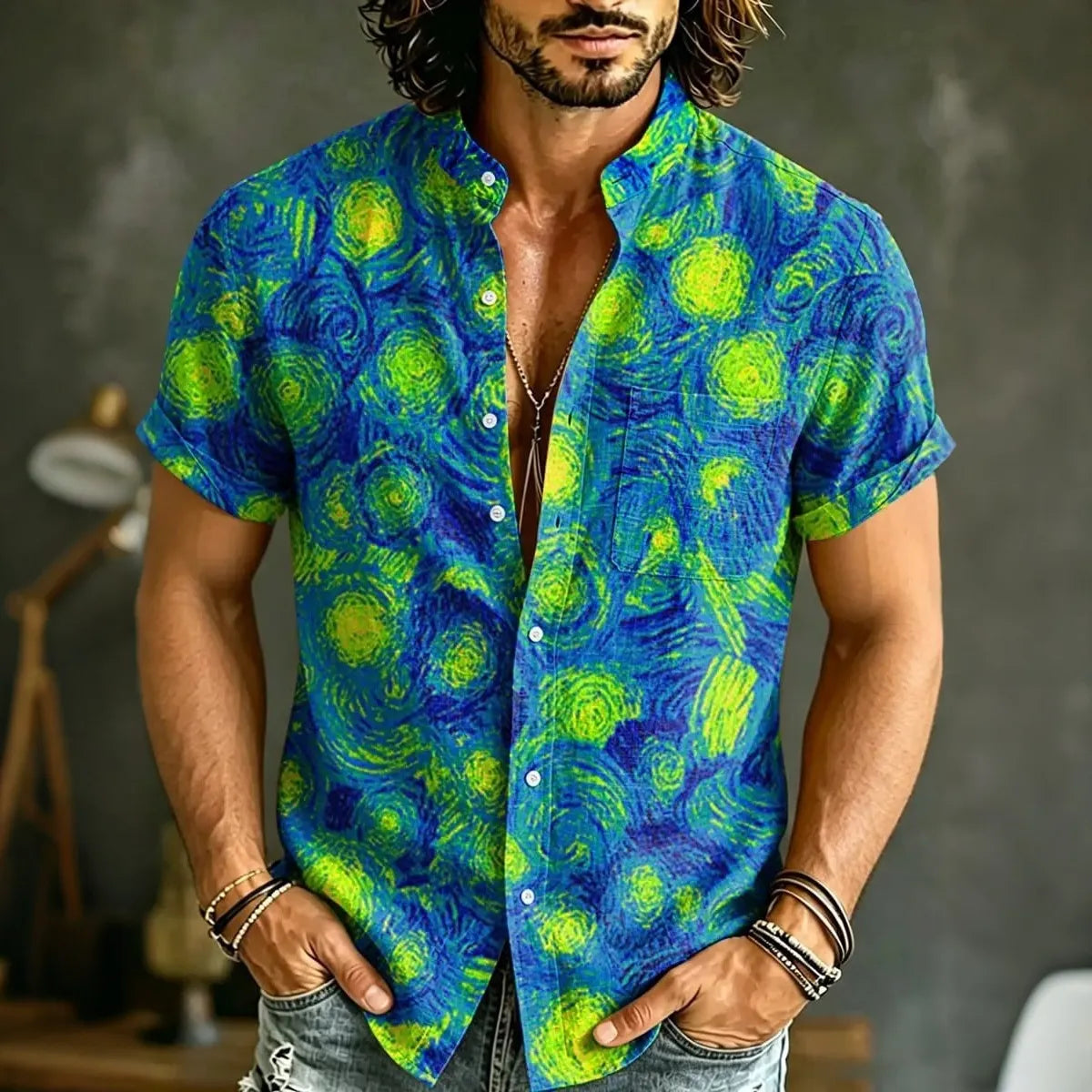 Men's Hippie Starry Sky Swirl Art Print Short Sleeve Stand Collar Shirt