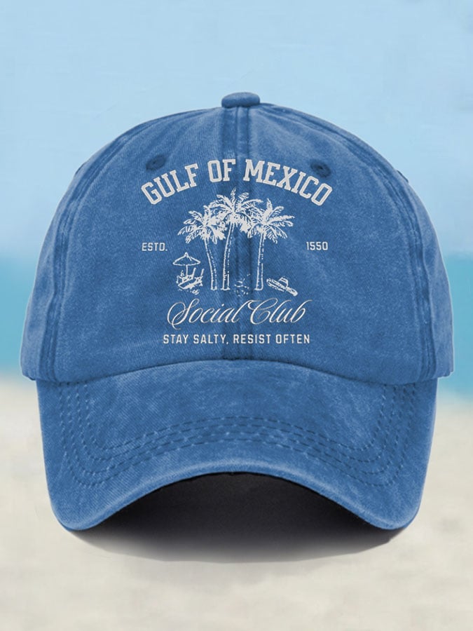 Retro Gulf Of Mexico Social Club Stay Salty Resist Often Est 1550 Printed Baseball Cap