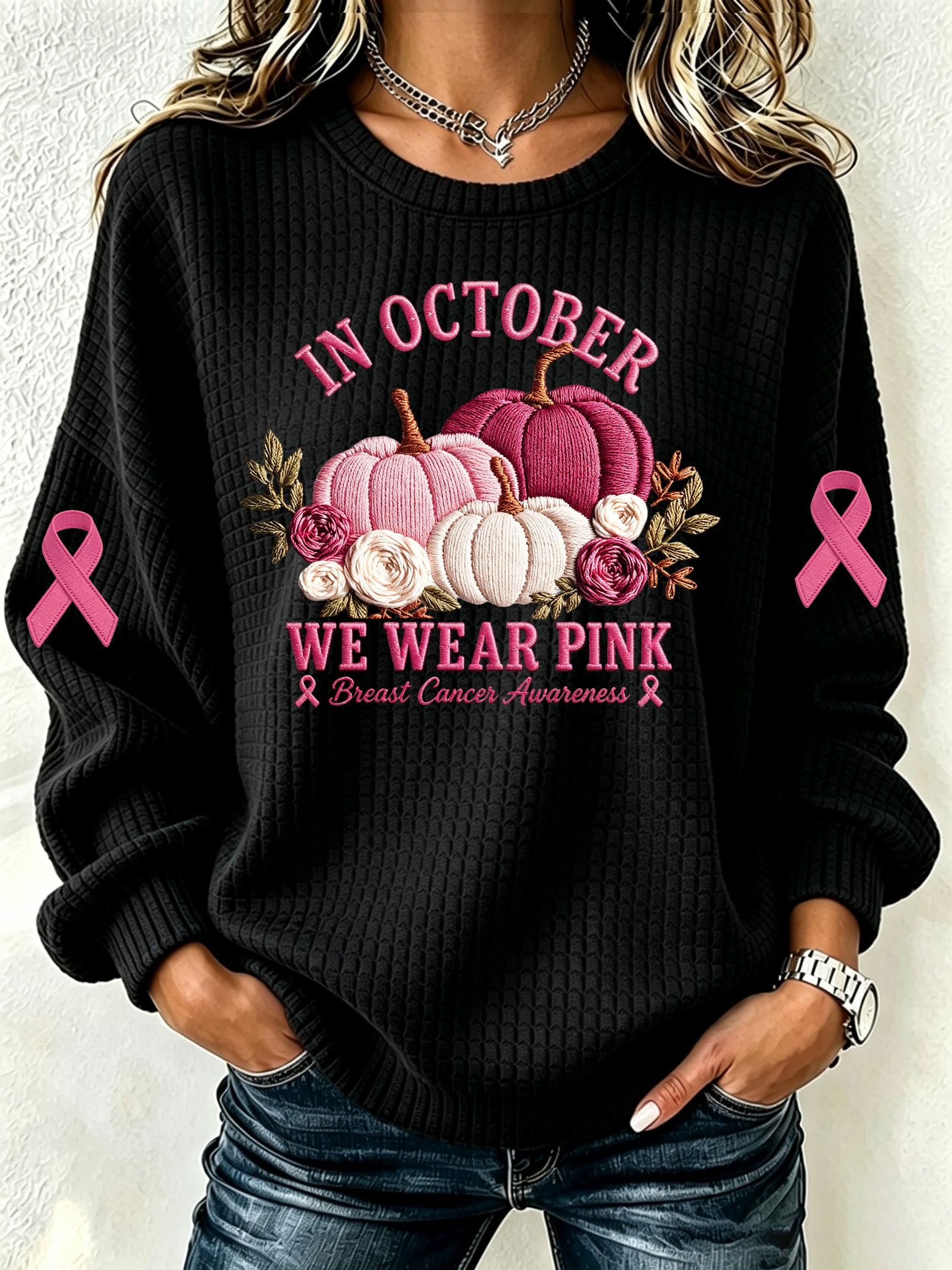 Women'S Waffle Pink Pumpkin Round Neck Checkered Sports Shirt