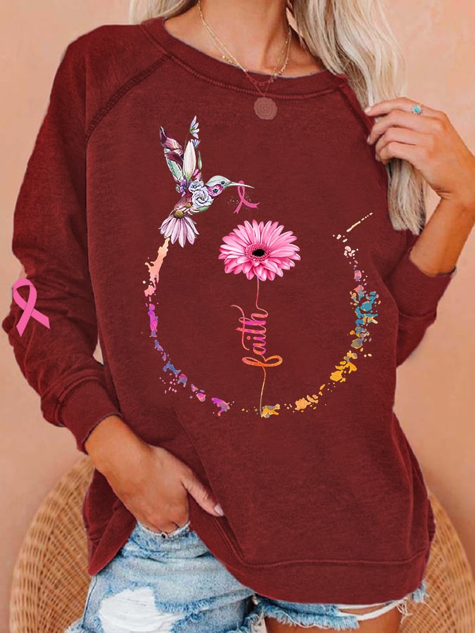 Women's Breast Cancer Awareness Faith Hummingbird Ribbon Sweatshirt