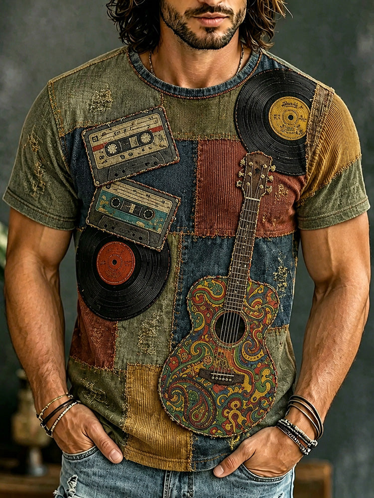 Men's Retro Hippie Music Patchwork Art Short Sleeve T-shirt