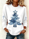 Women's Casual Denim Christmas Tree Print Sweatshirt