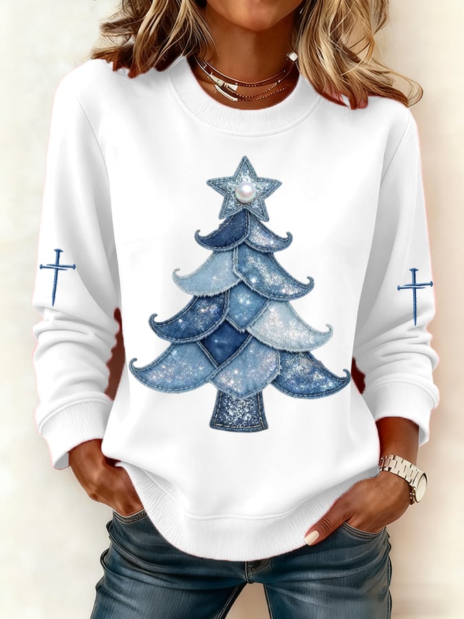 Women's Casual Denim Christmas Tree Print Sweatshirt