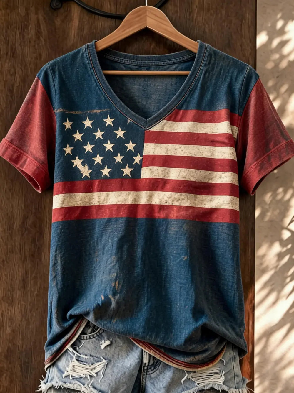 Vintage American Flag Element Pattern Design Casual T-shirt
