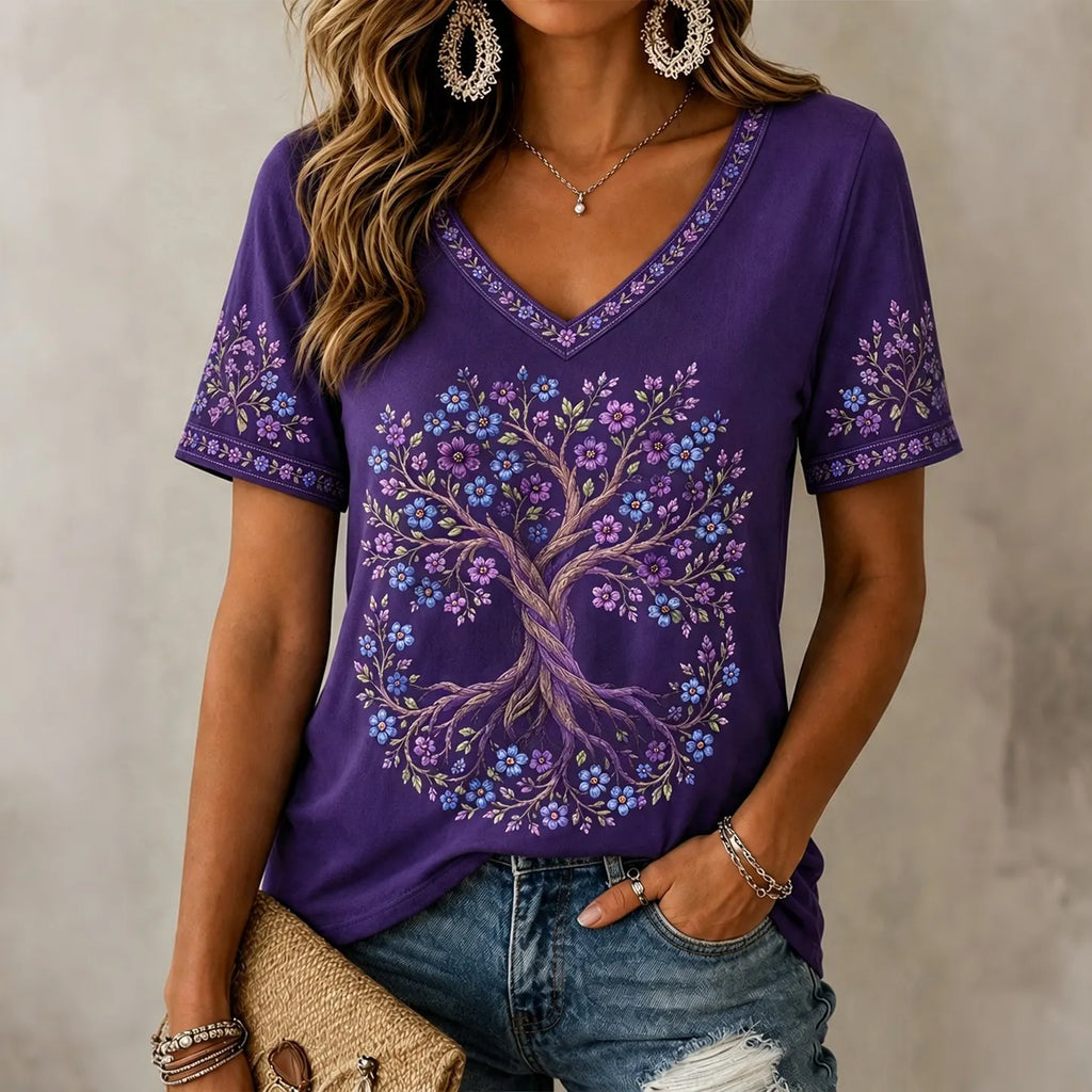 Women's Purple Floral Tree Of Life Art Print V-neck T-shirt