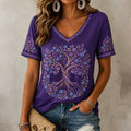 Women's Purple Floral Tree Of Life Art Print V-neck T-shirt