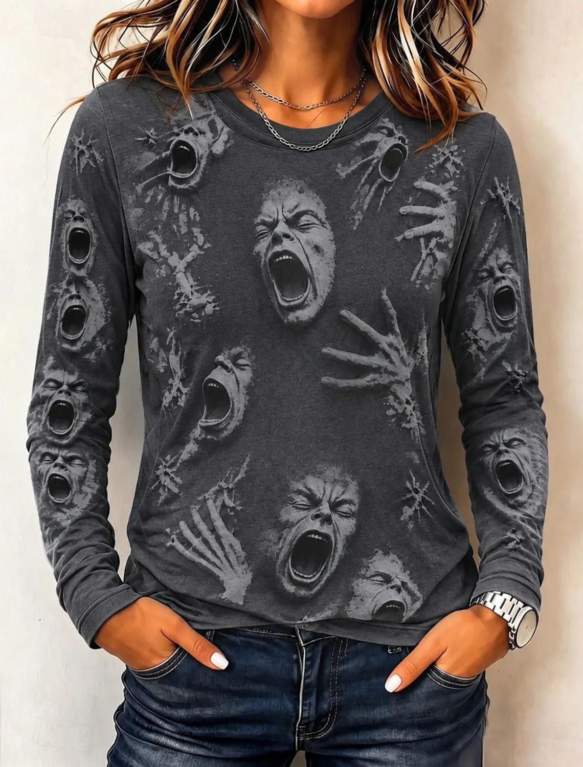 Women's Vintage Halloween Horror Face Print Comfy Long Sleeve T-shirt