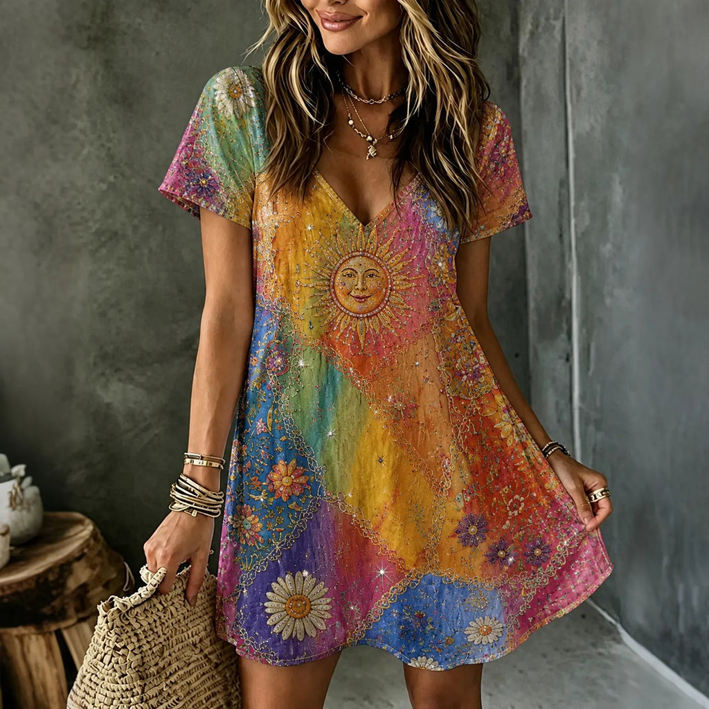 Women's Retro Hippie Sun Floral Color Gradient Art Linen Blend V-neck Dress