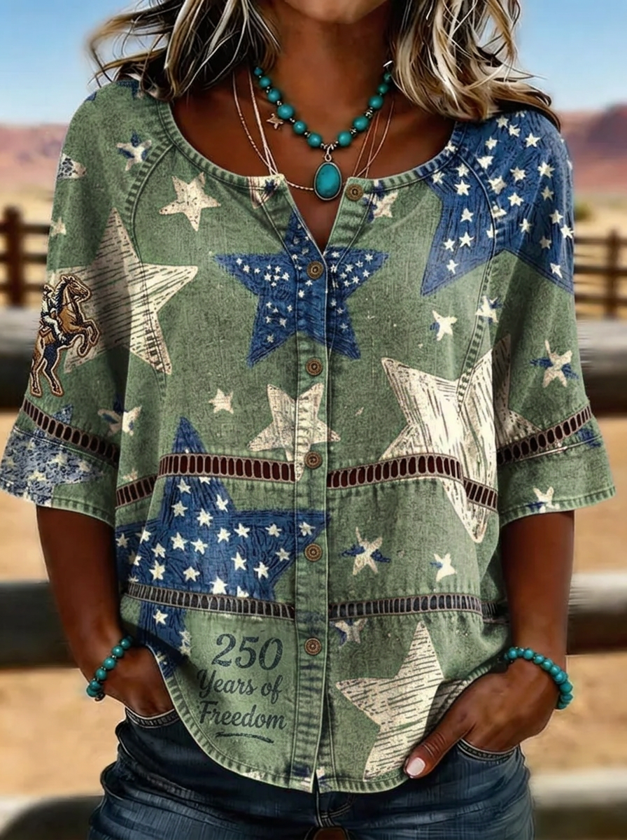 Women's Western Independence Day Cowboy Star Printed T-shirt