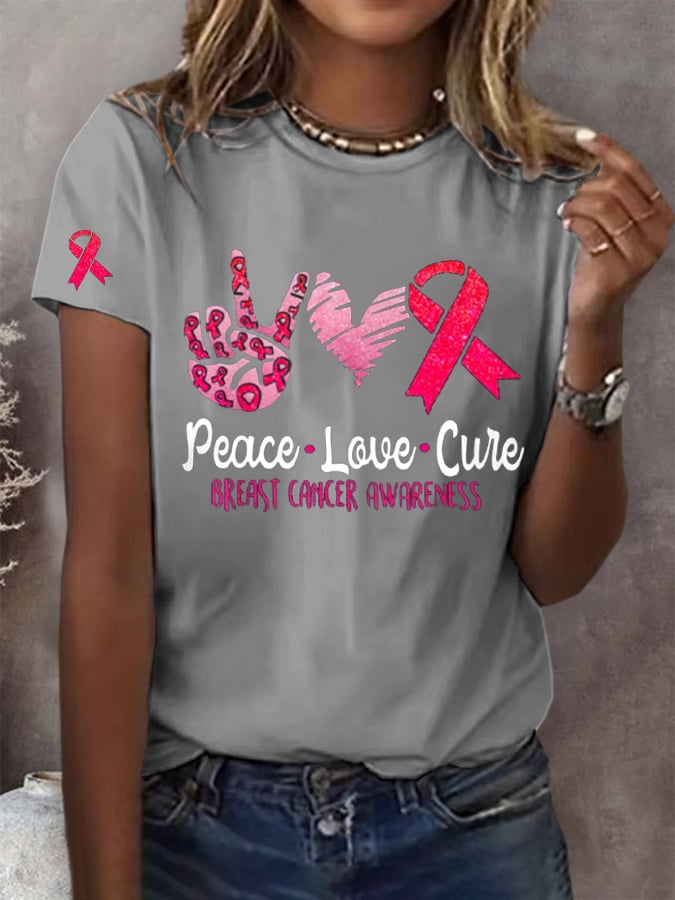 Women's Peace Love Cure Breast Cancer Printed Round Neck Short Sleeve T-Shirt
