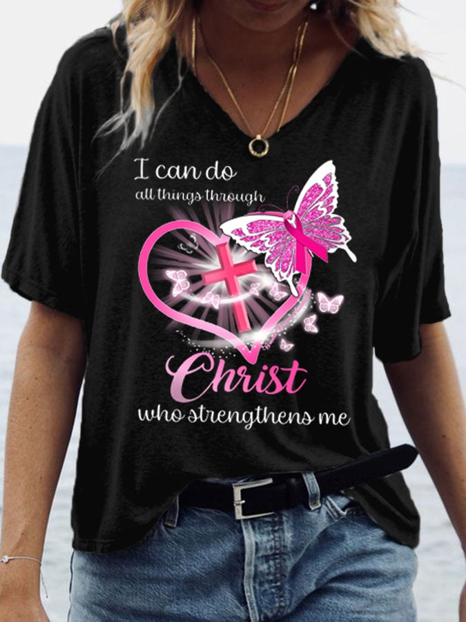 Women's Breast Cancer Awareness I Can Do All Things Through Christ Print V-Neck T-Shirt