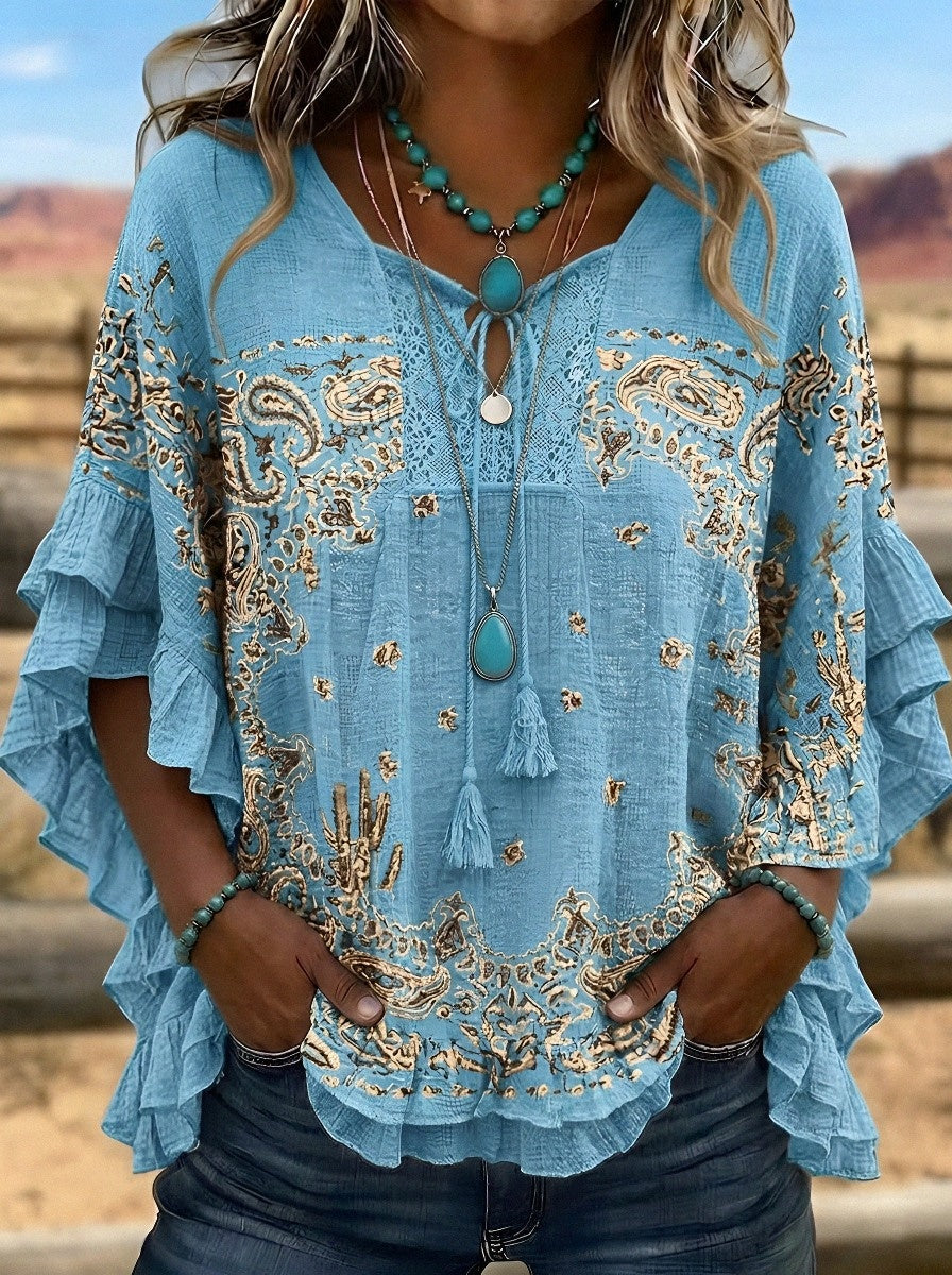 Women's Western Vintage Paisley Cactus Printed Ruffle Top