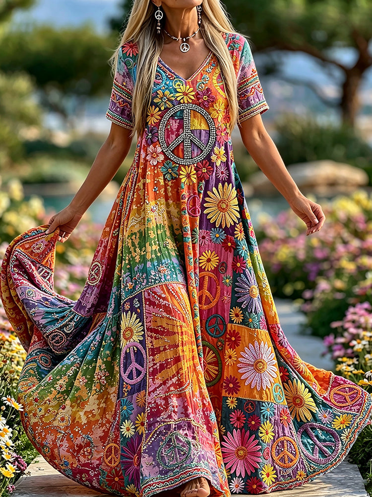 Women's Retro Hippie Peace Floral Embroidery Art Short Sleeve Linen Blend Maxi Dress