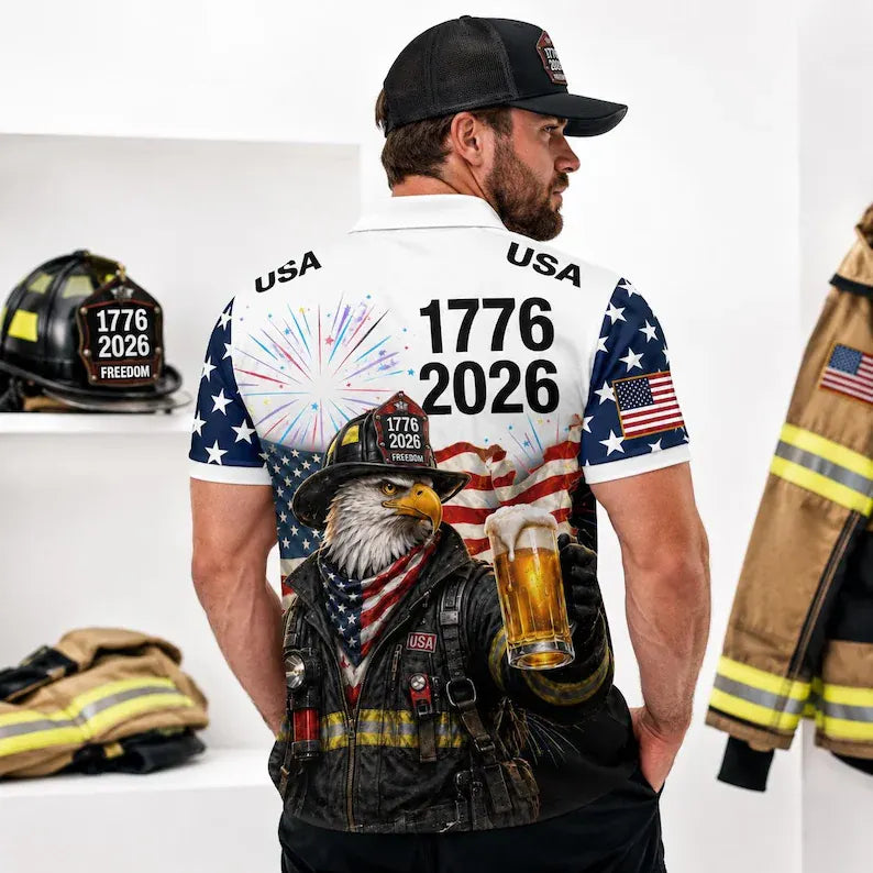 Men's American Independence Day 250th Anniversary Cowboy Eagle Beer Memorial Short Sleeve Shirt
