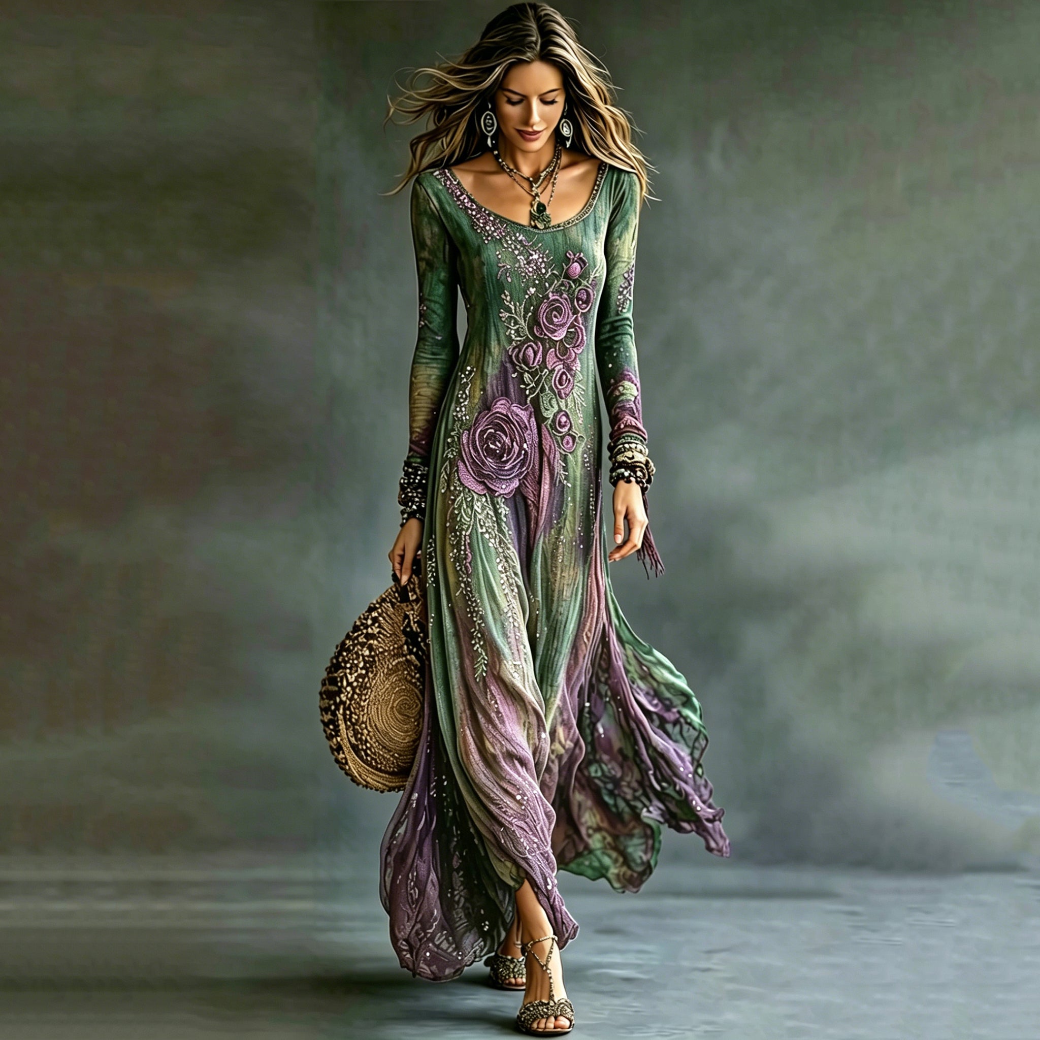 Women's Romantic Floral Art Round Neck Long Sleeve Maxi Dress
