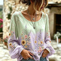 Women's Long-sleeve Round-neck Top In A Green-to-purple Gradient Featuring Vintage Floral Prints With Sunflowers And Roses.