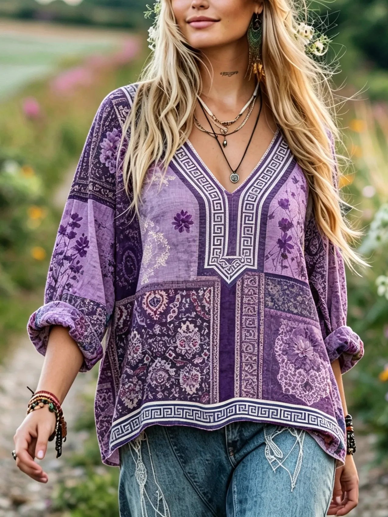Women's Retro Floral Patchwork V-neck Cotton Linen Top