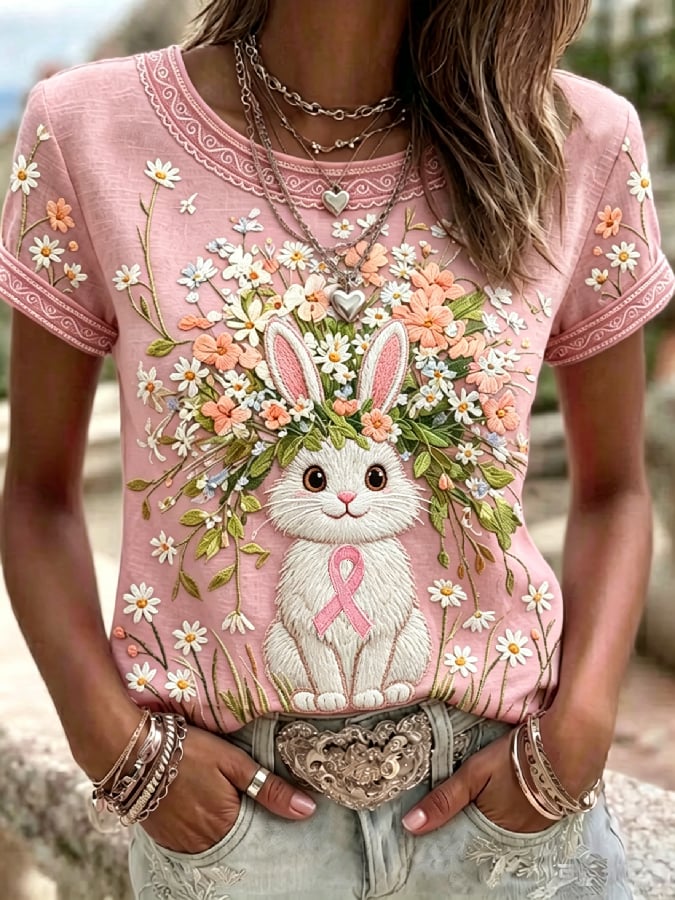 Women's Breast Cancer Awareness Ribbon Print Short-Sleeve T-Shirt