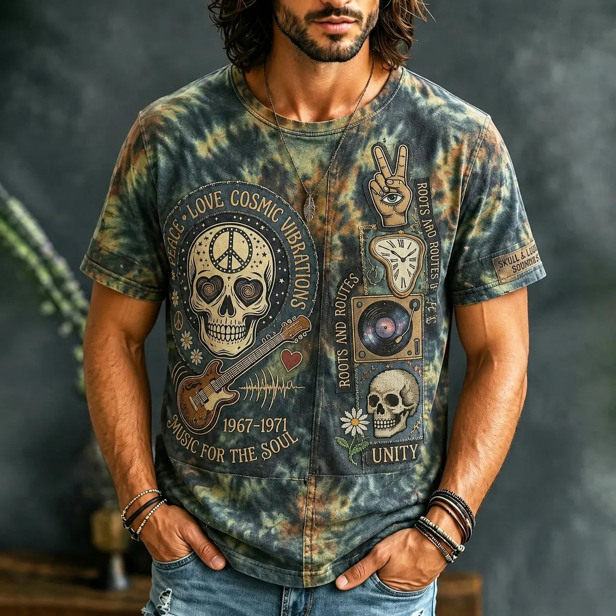 Men's Peace Love Cosmic Vibrations Music For The Soul Skull Tie-dye Print T-shirt