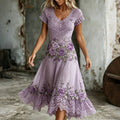 Women's Retro Purple Rose Embroidery Art V Neck Short Sleeve Midi Dress