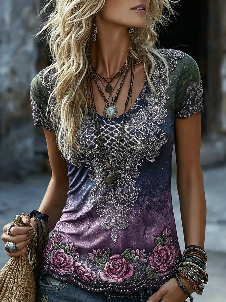 Women's Vintage Romantic Celtic Knot With Floral Art Cotton-blend T-shirt