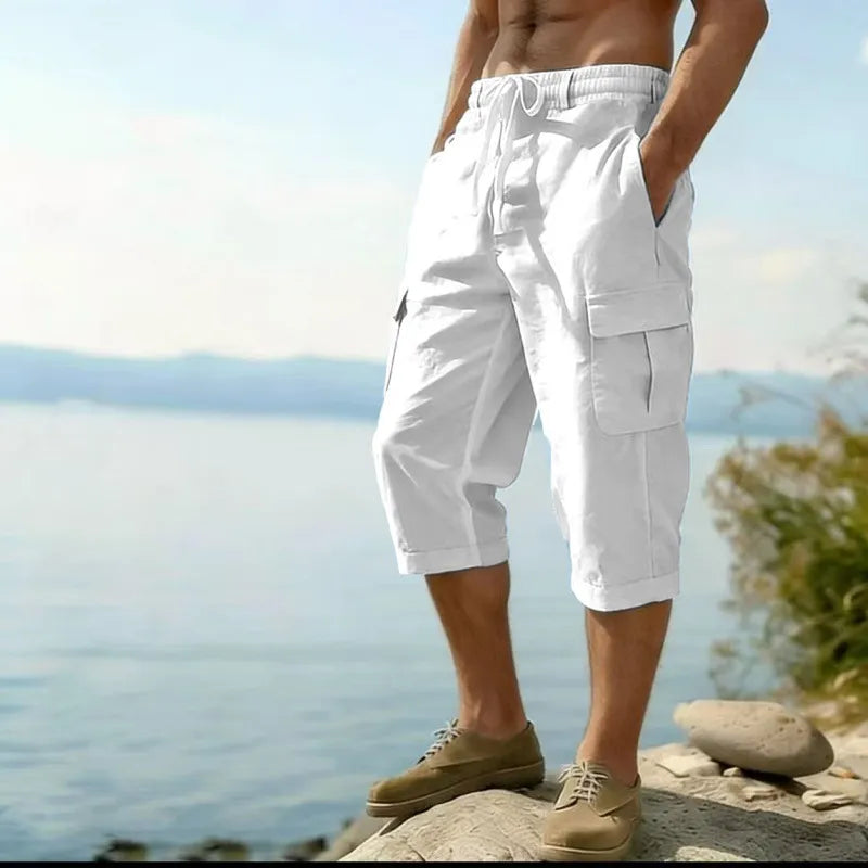 Men's Linen Cargo Pants Drawstring Multi-Pocket Straight Leg Breathable Outdoor Beach Classic Casual Pants