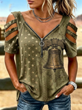 Women's Western Independence Day Liberty Bell Star Printed Zip T-shirt