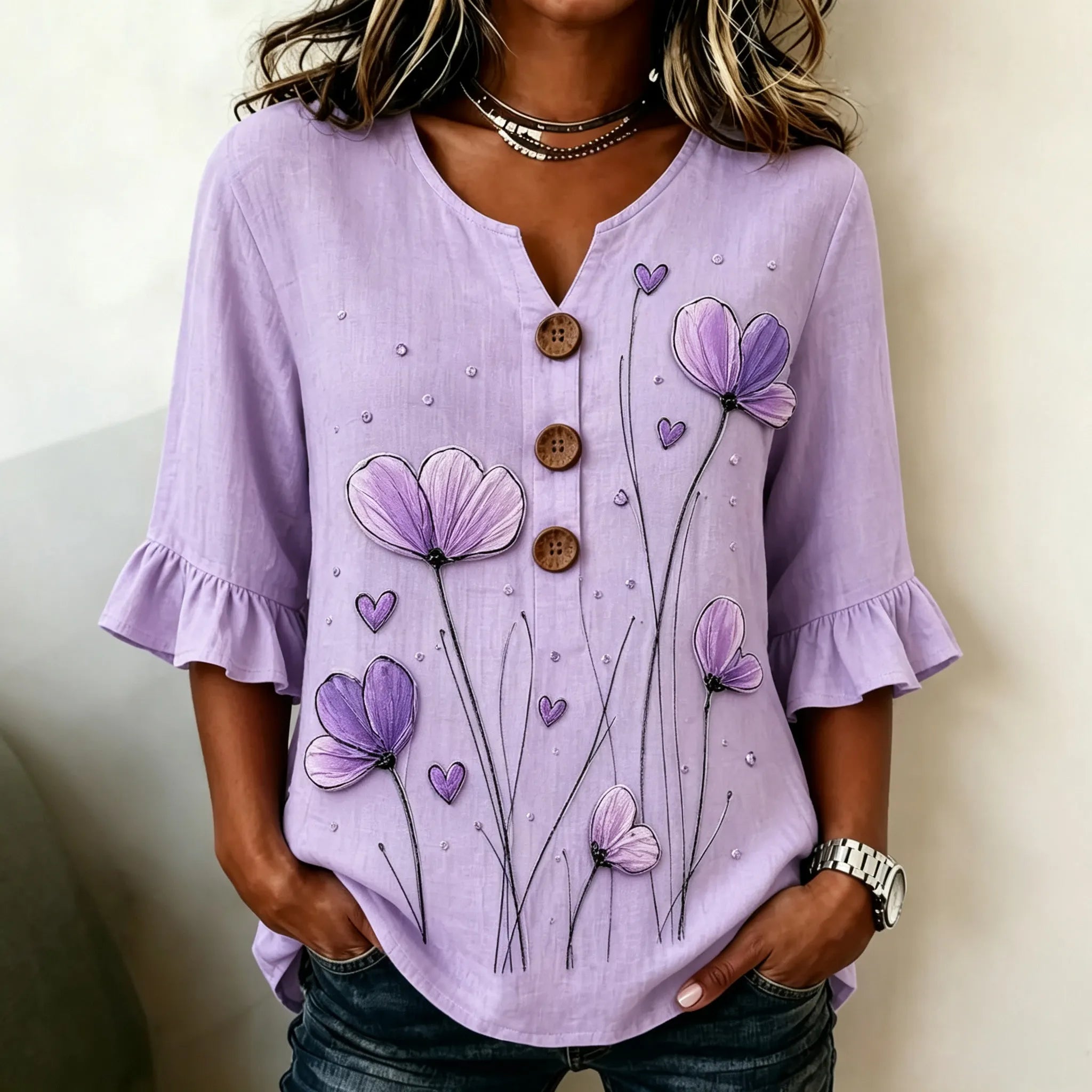 Women's Retro Floral Art Print Linen Blend Casual Top