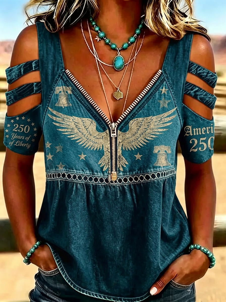 Women's Western Independence Day Eagle Liberty Bell Printed Cold Shoulder T-shirt