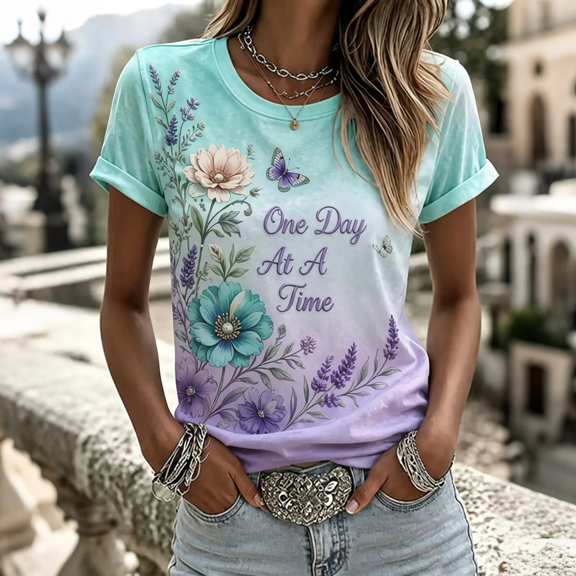 Women's Purple Floral Hummingbird Print Alzheimer's Disease Awareness Casual   T-shirt