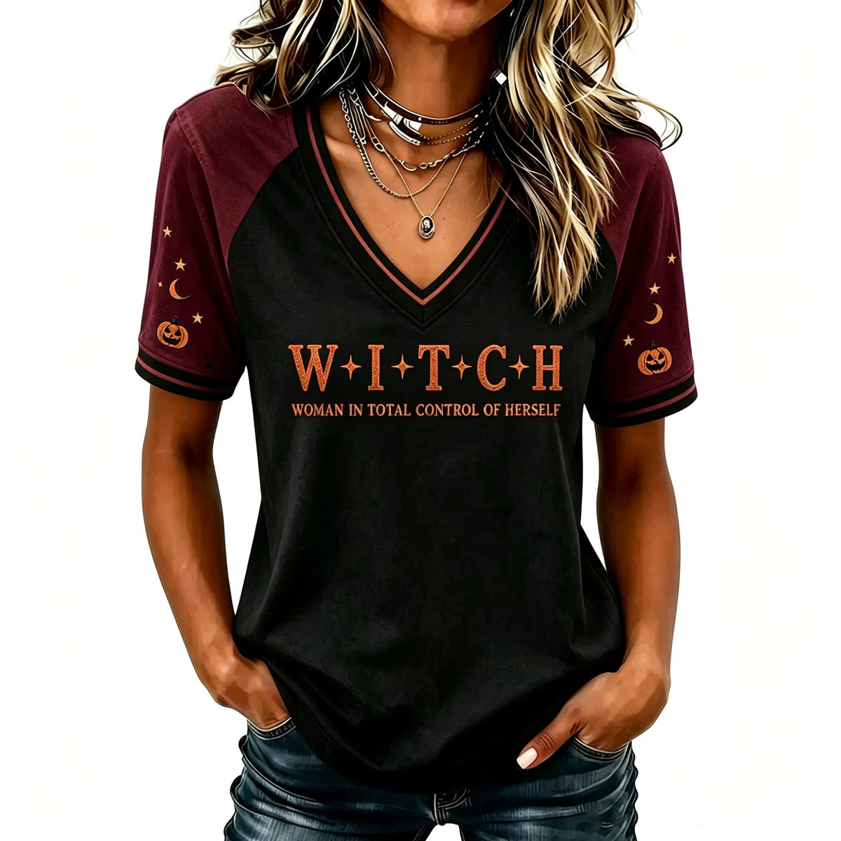 Women's Halloween "woman In Total Control Of Herself" Printed V-neck Short-sleeved T-shirt
