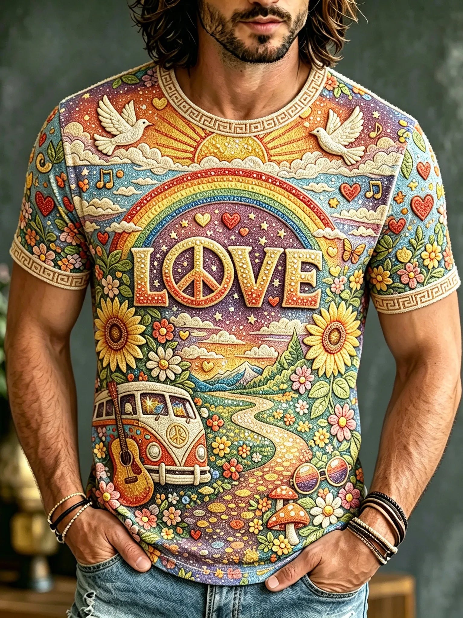 Men's Retro Hippie Style Floral Print T-shirt