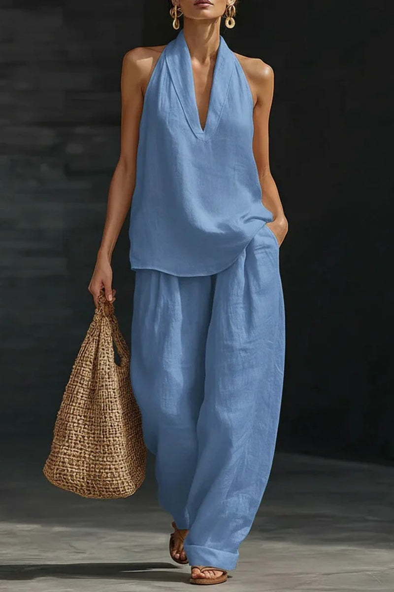 Women's V-neck Top + Tencel Linen Casual Suit