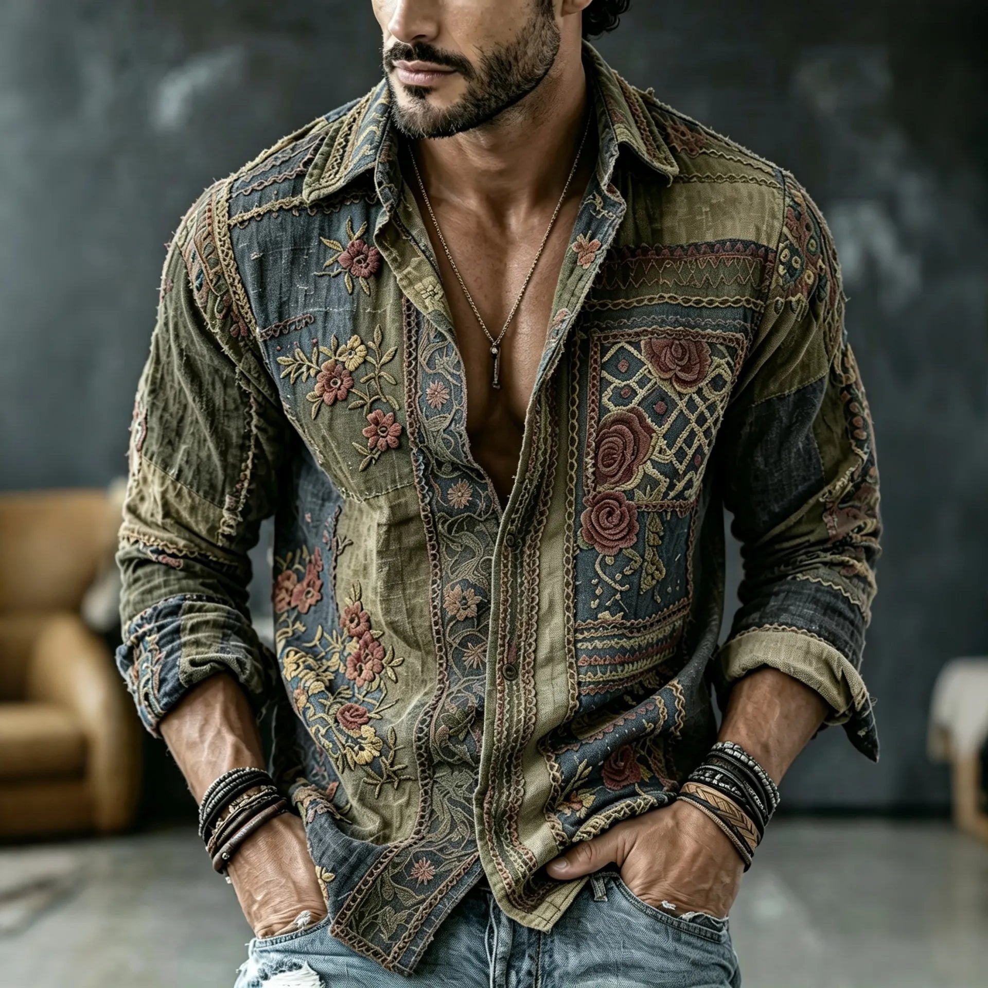 Men's Vintage Floral  Patchwork Embroidered Art Print Flowy Linen Blend Casual Shirt