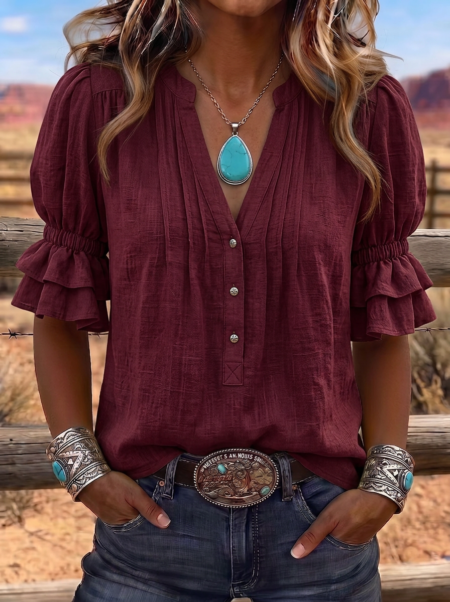 Women's Western Vintage Style Ruffled Sleeve Button-Down Top