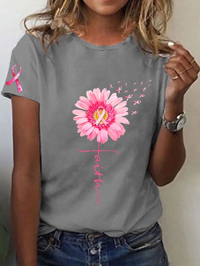 Women's Breast cancer Awareness Faith Pink Ribbon Printed T-shirt