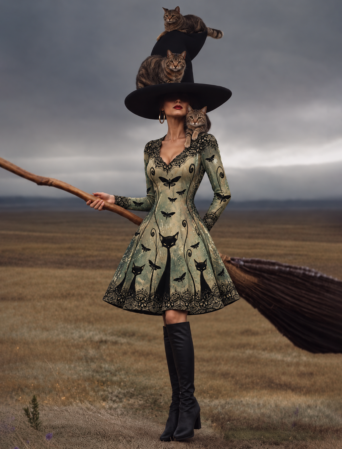 Women's Gothic Halloween Print V Neck Long Sleeve Dress – Halloween Costume