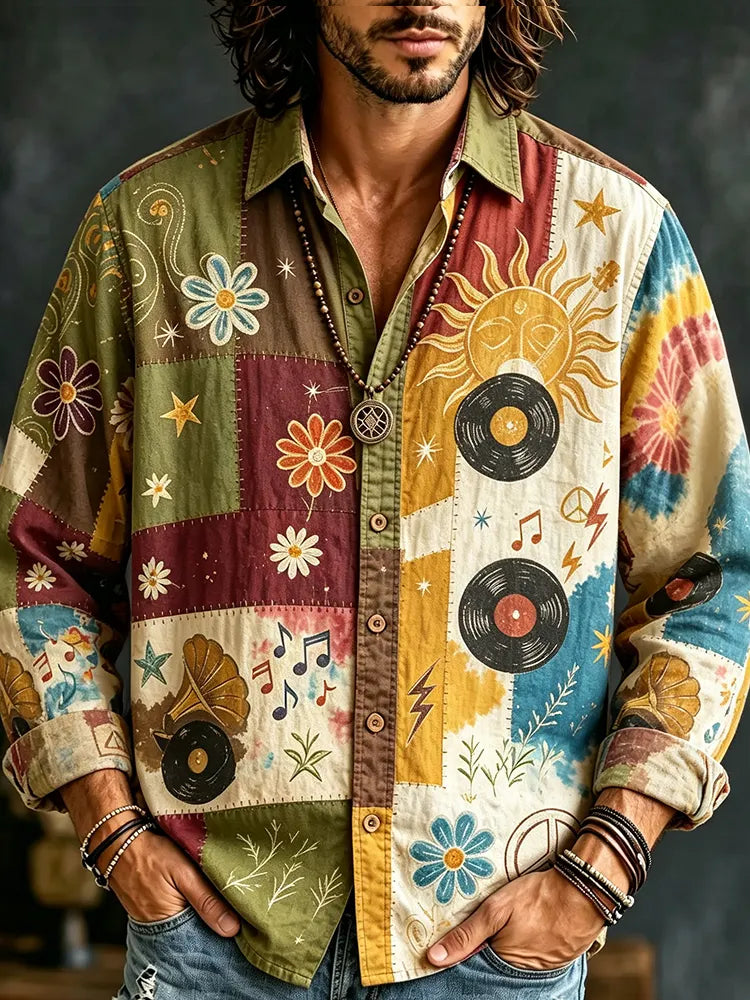 Men's Long-sleeve Patchwork Button-down Shirt With Sun, Vinyl Records, And Floral Motifs
