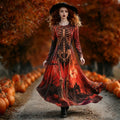 Women's Halloween Skull Gothic Dark Red Blood Moon Haunted House Pumpkin Print Flowy Long Dress
