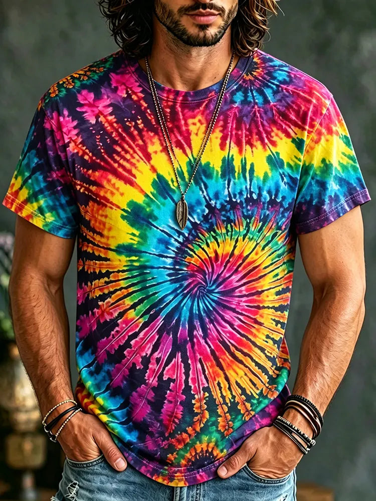Men's Retro Tie-dye Print Cotton Linen Crew Neck Short Sleeve T-shirt