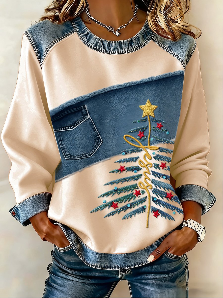 Women's Casual Retro Faith Christmas Tree Sweatshirt